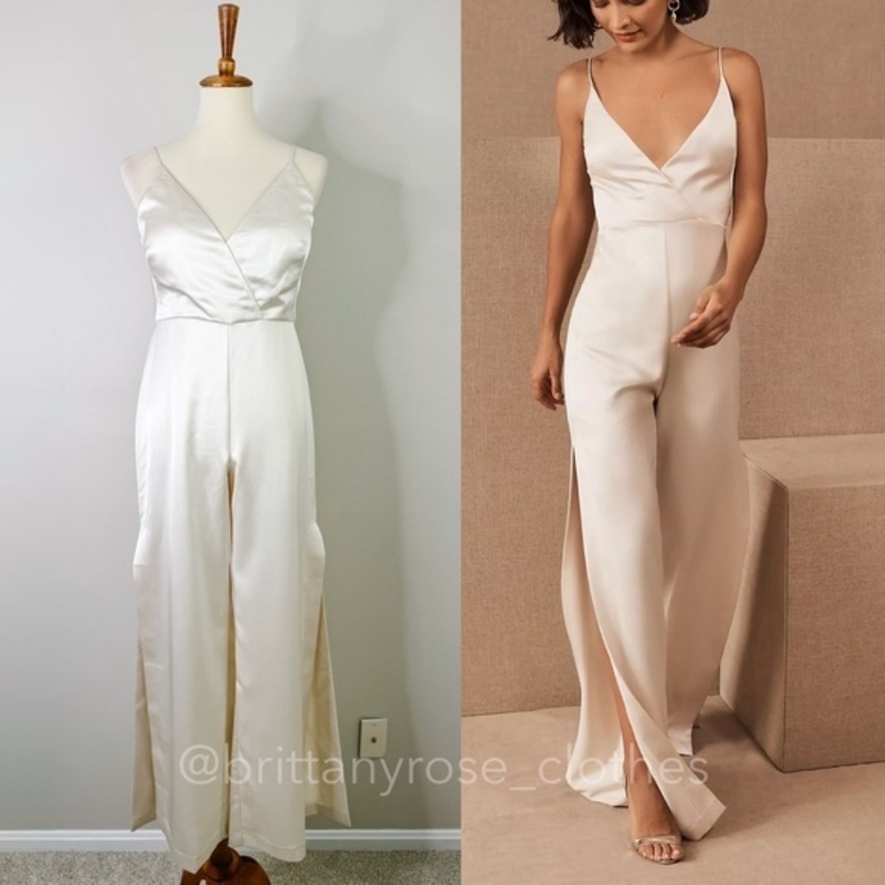 BHLDN Cream Satin V-Neck Spaghetti-Strap Jumpsuit